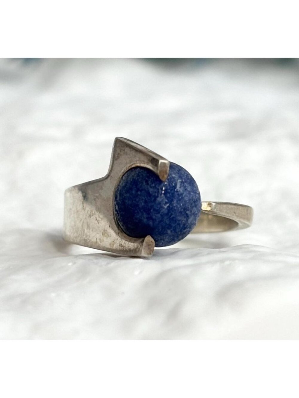 Modernist Lapis Lazuli Cabochon Round Sterling Silver 925 Vintage Ring - sz 4.75